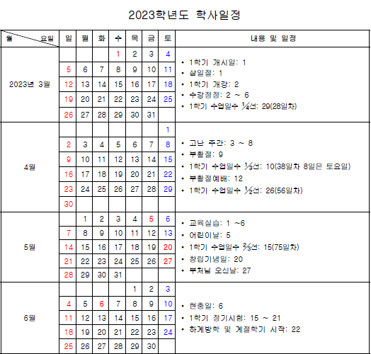 2023년도 봄학기 학사일정 공지합니다